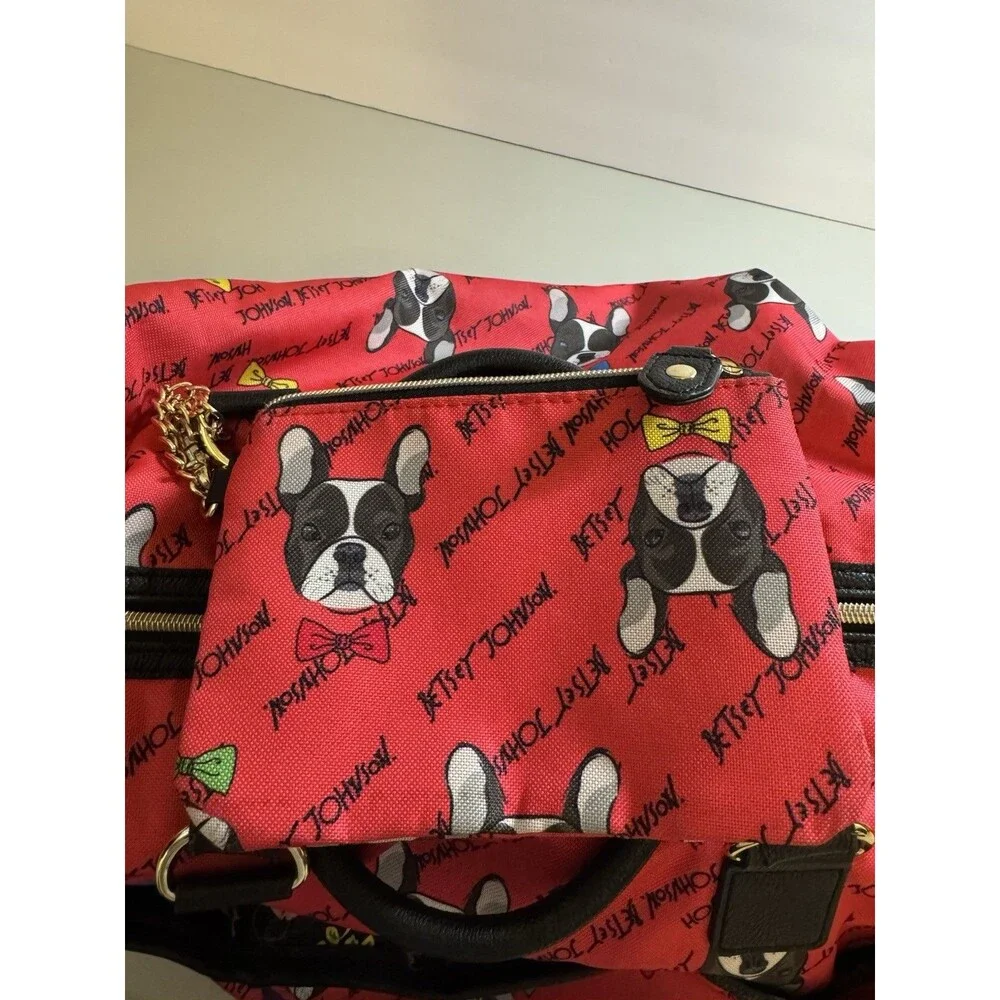 BETSEY JOHNSON Bag Iconic Bulldog Large Duffle +Card/Coin  Wallet Pink EUC